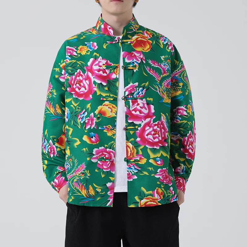 Men's Retro Oriental Mandarin Collar Tang Suit Shirt with Frog Buttons Floral Vintage Blouse for Autumn Winter 5XL Available