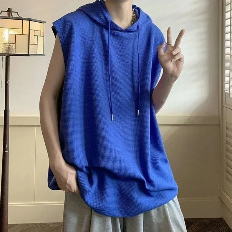 Men's Sleeveless Hooded Sweatshirt Loose Fit Solid Color Summer Casual Lightweight Pullover Hoodie for Daily Wear