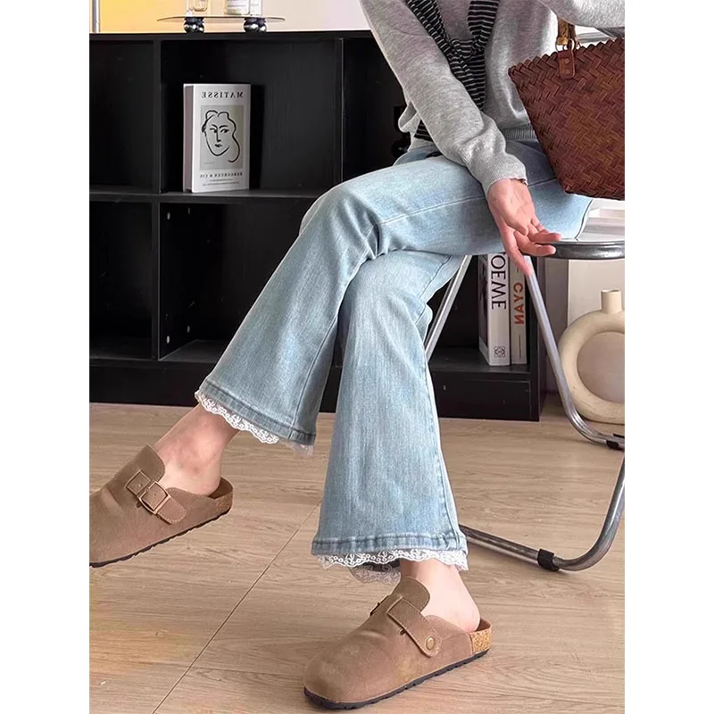 Spring 2026 High Waist Bell Bottom Jeans Women's Lace Trim Micro Flared Nine Patchwork Slimming Small Size Denim Pants