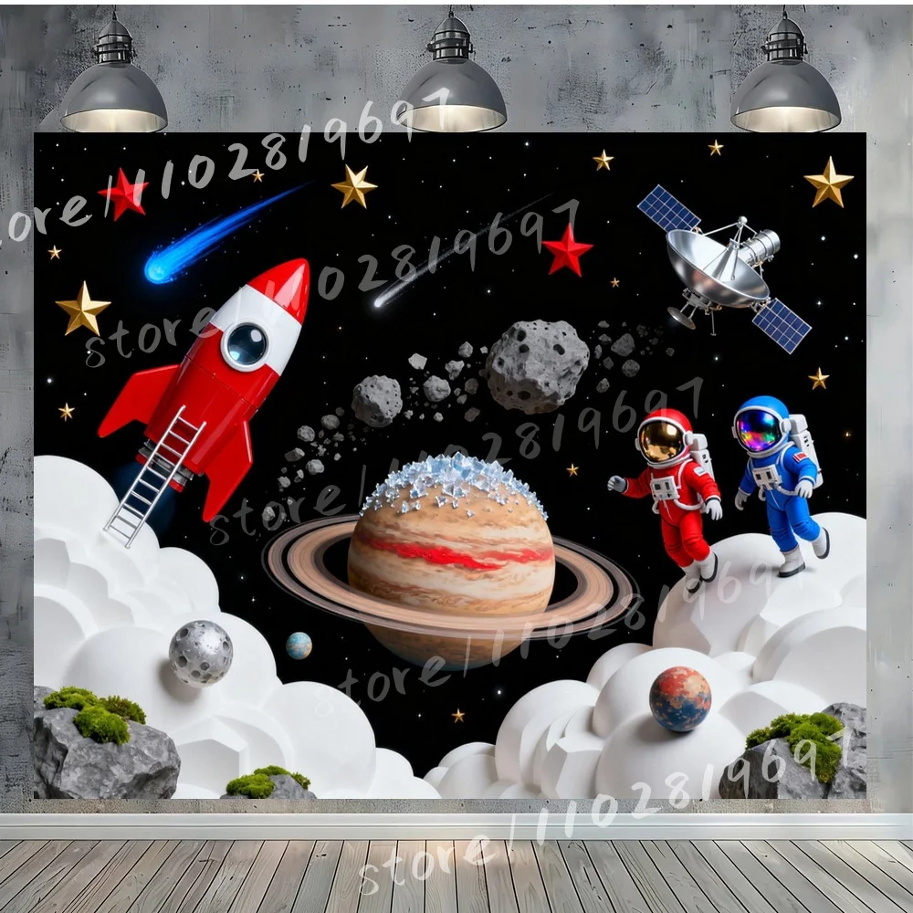 Kids Happy Birthday Space Voyage Vinyl Backdrop Photography Background with Rocket Astronaut Jupiter Planet Stars Galaxy