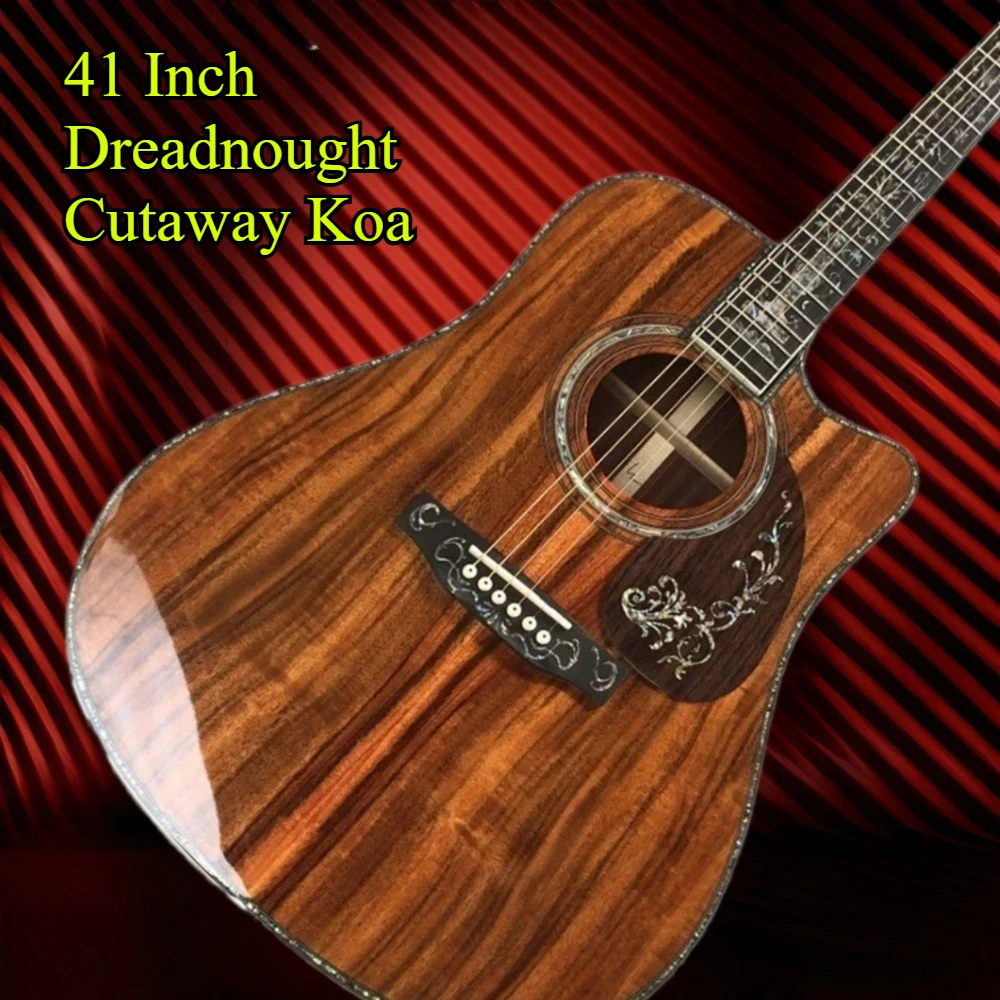 D45 Golden Tiger‑Stripe Koa Cutaway Acoustic Guitar Engraved Pickguard Abalone Binding Professional Folk Fingerstyle Performance