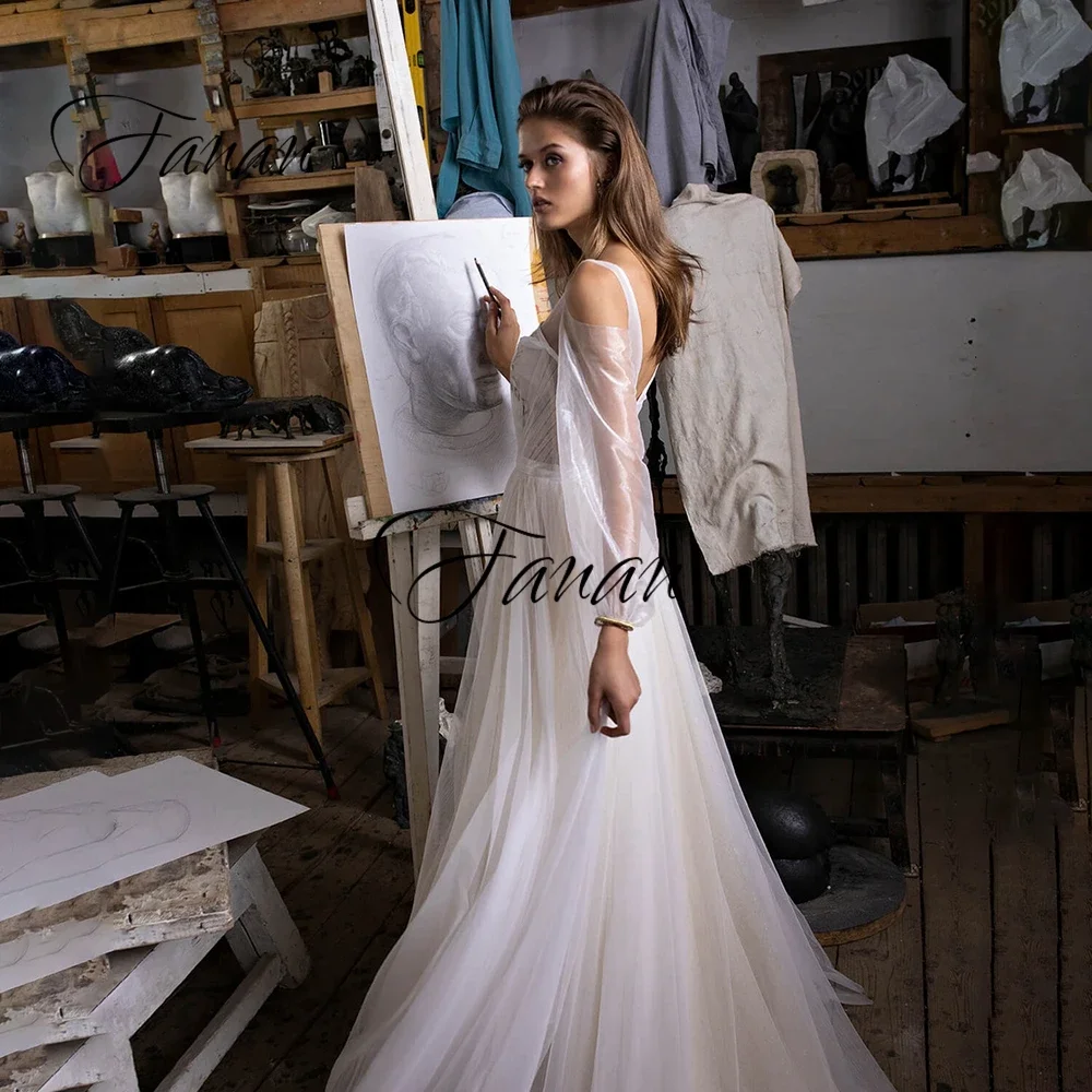 Vestido de novia de manga larga con cuello en V profundo, traje de novia de tul transparente con espalda descubierta