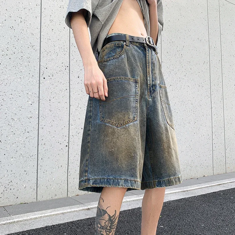 Retro Blue Washed Casual Shorts Men Loose Zipper Straight Old Jeans Waste Soil Wind Male 2024 Summer High Street 24X9022