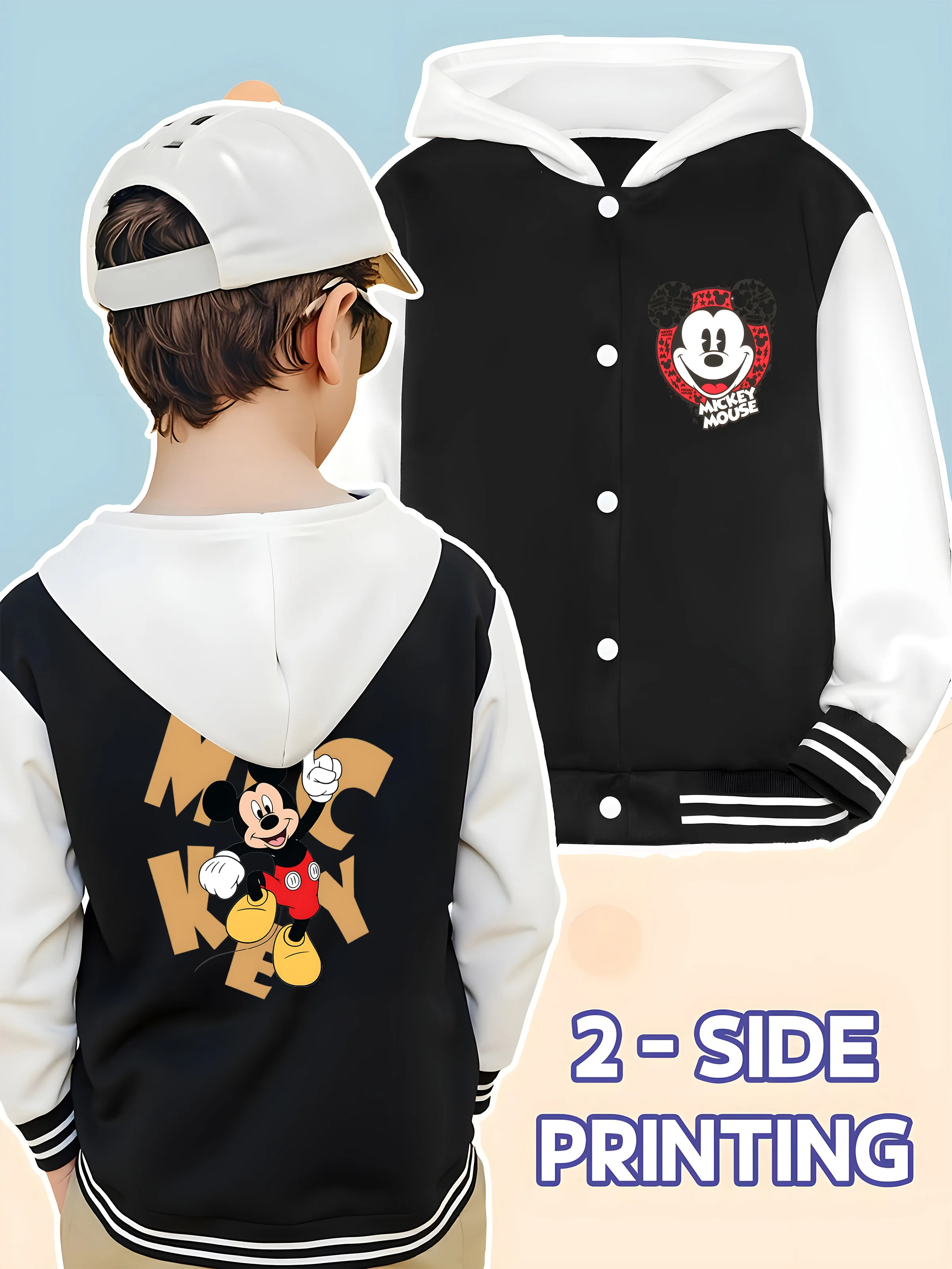 MINISO Disney co-branded Mickey trendy baseball jacket for boys - classic Mickey image on both sides, fashionable and trendy