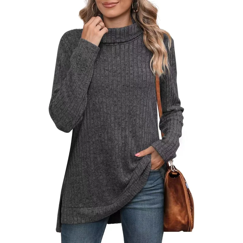 2023 autunno/inverno nuovo solido collo alto taglio diviso età riduzione moda Slouchy sciolto selvaggio ufficio signora t-shirt per il tempo libero Top da donna