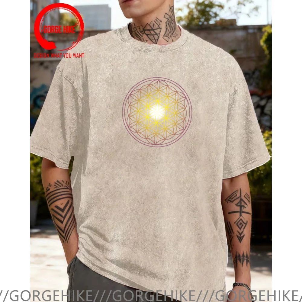 Vintage Washed Cotton T-Shirt Funny Designer Metatron's Cube Overlapping Circles Grid Sacred Geometry  T Shirt Men Fashion Trend