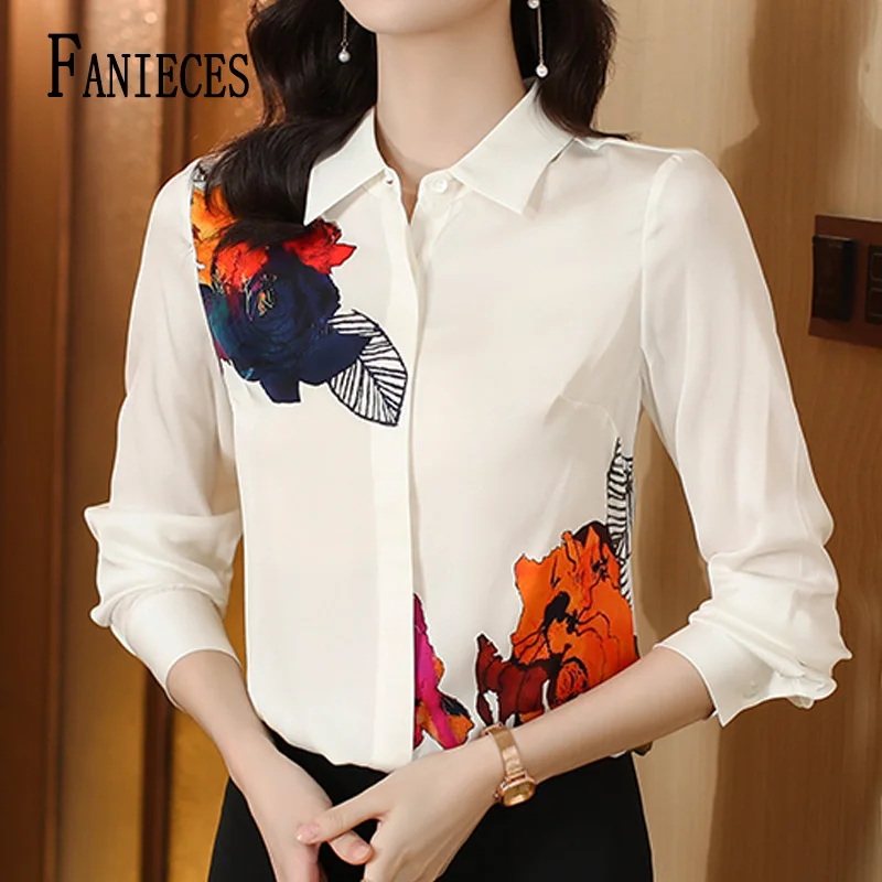 

FANIECES S-4XL Chic Printed Casual Office Shirts For Women Long Sleeve Silk Satin Blouses 2024 Elegant Female Tops Blusas Mujer