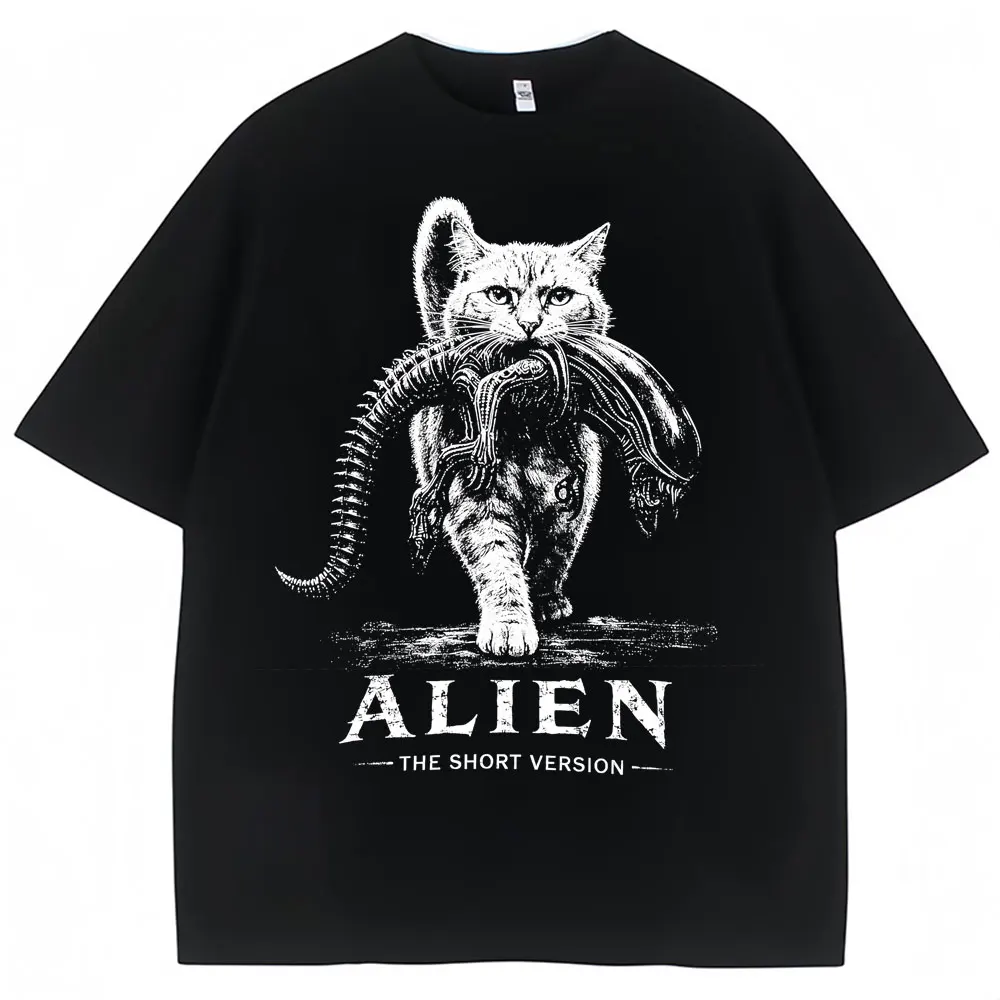 Funny Space Creature Cat Meme Graphic T Shirt Horror Cool Men Women Cat Lover Novelty T-shirts Oversized Cotton Casual T Shirts