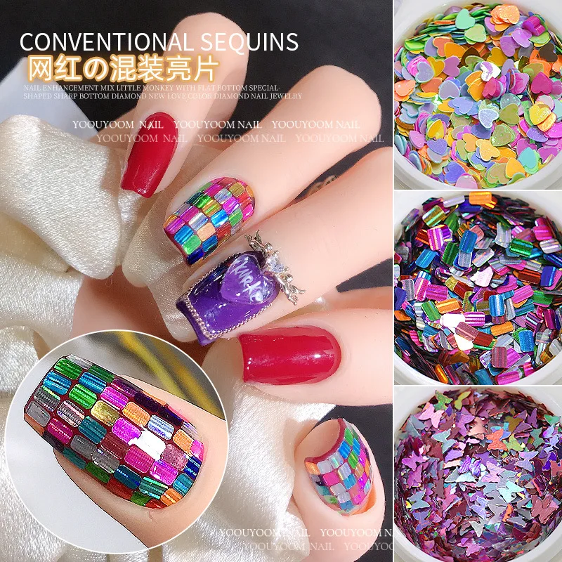 Net Red Nail Accessories Colorful Love Butterfly Five pointed Star Mixed Sequins Wholesale Diy Flash Nail Stick Decoration