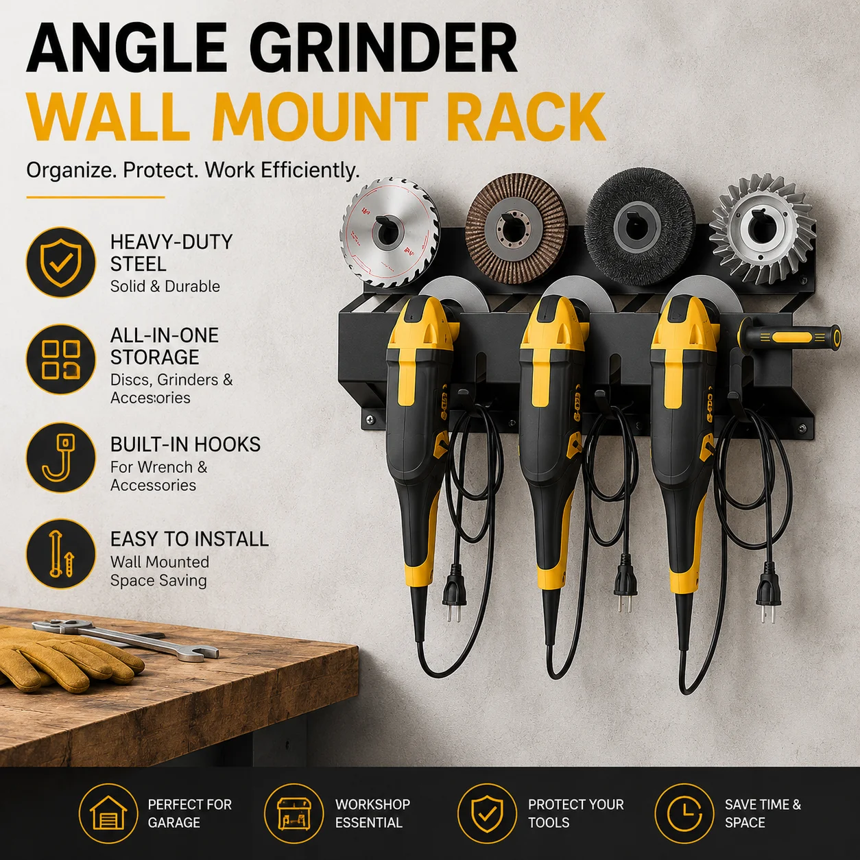 Angle Grinder Holder Wall Mount Storage Rack Bracket with Cord Hanger for Power Tools Cutters Polishers WorkshopGarage Organizer