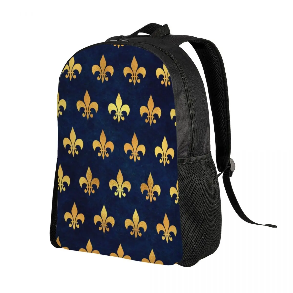 Personalized Royal Gold Blue Grunge Fleur De Lis Backpacks Women Men Basic Bookbag for School College Lily Flower Bags