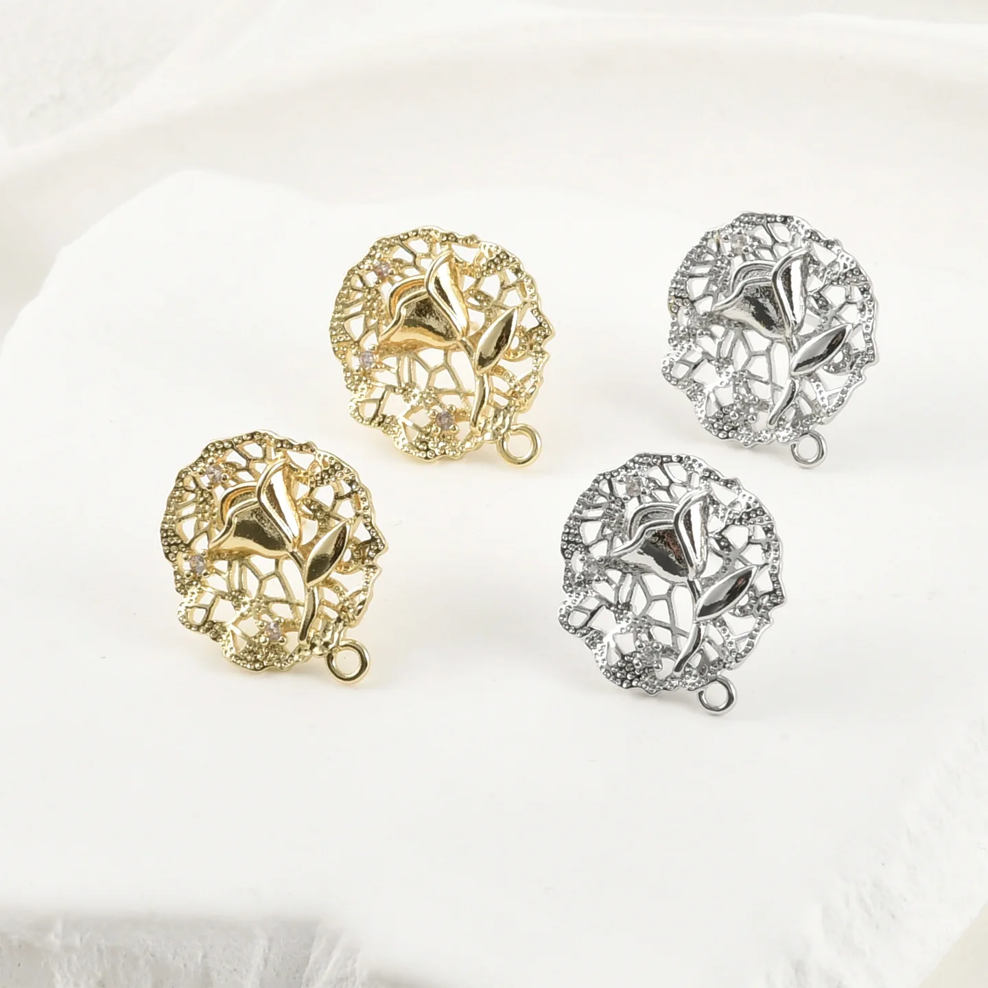 14k Electroplated Gold Color Retention Relief Rose Hollow Round Stud Earrings with Hanging DIY Handmade Earrings Accessories