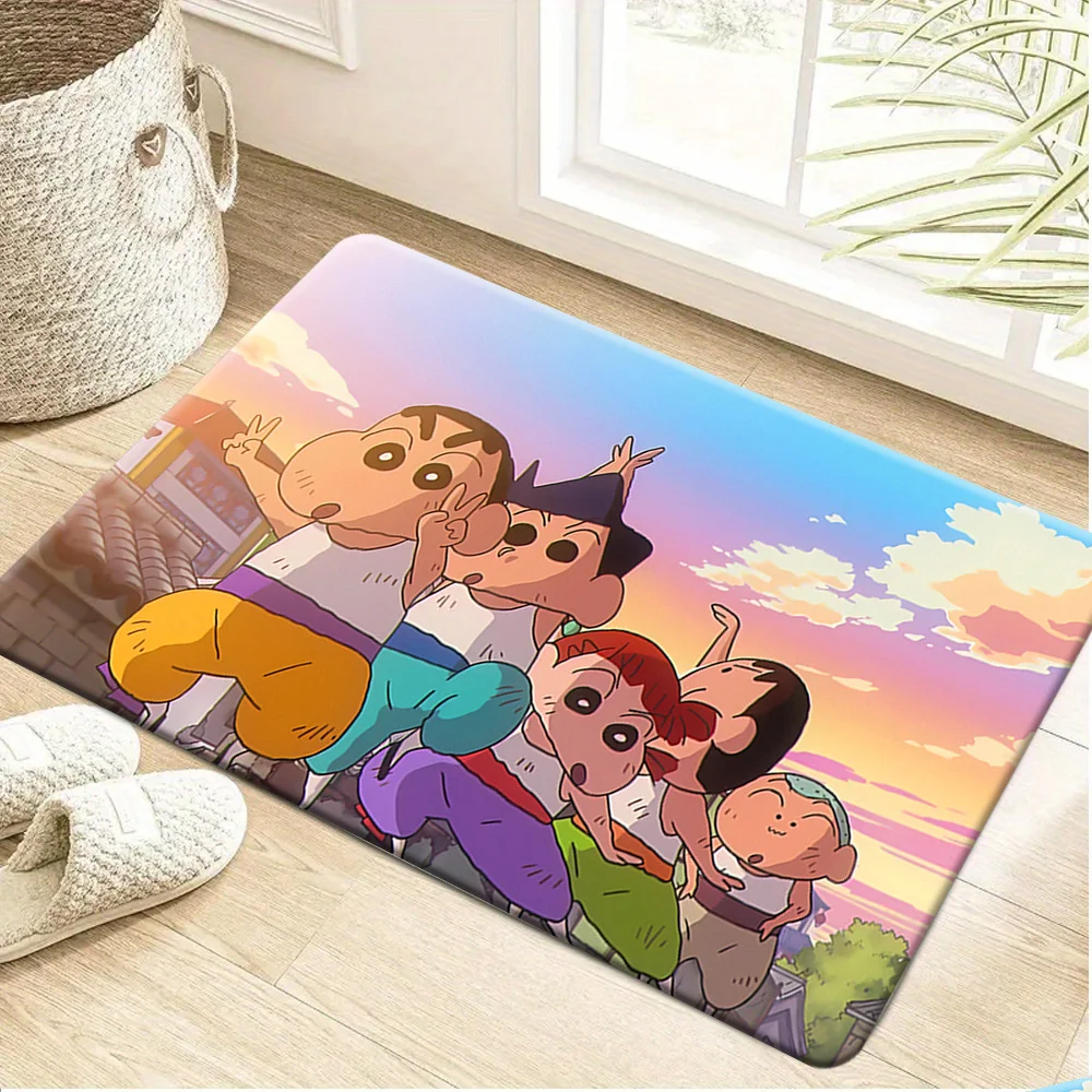 Alfombra de baño antideslizante con estampado de escena de puesta de sol del Grupo de Defensa Kasukabe de Crayon Shin-chan, alfombra decorativa con diseño de amigos de anime, absorbente de agua