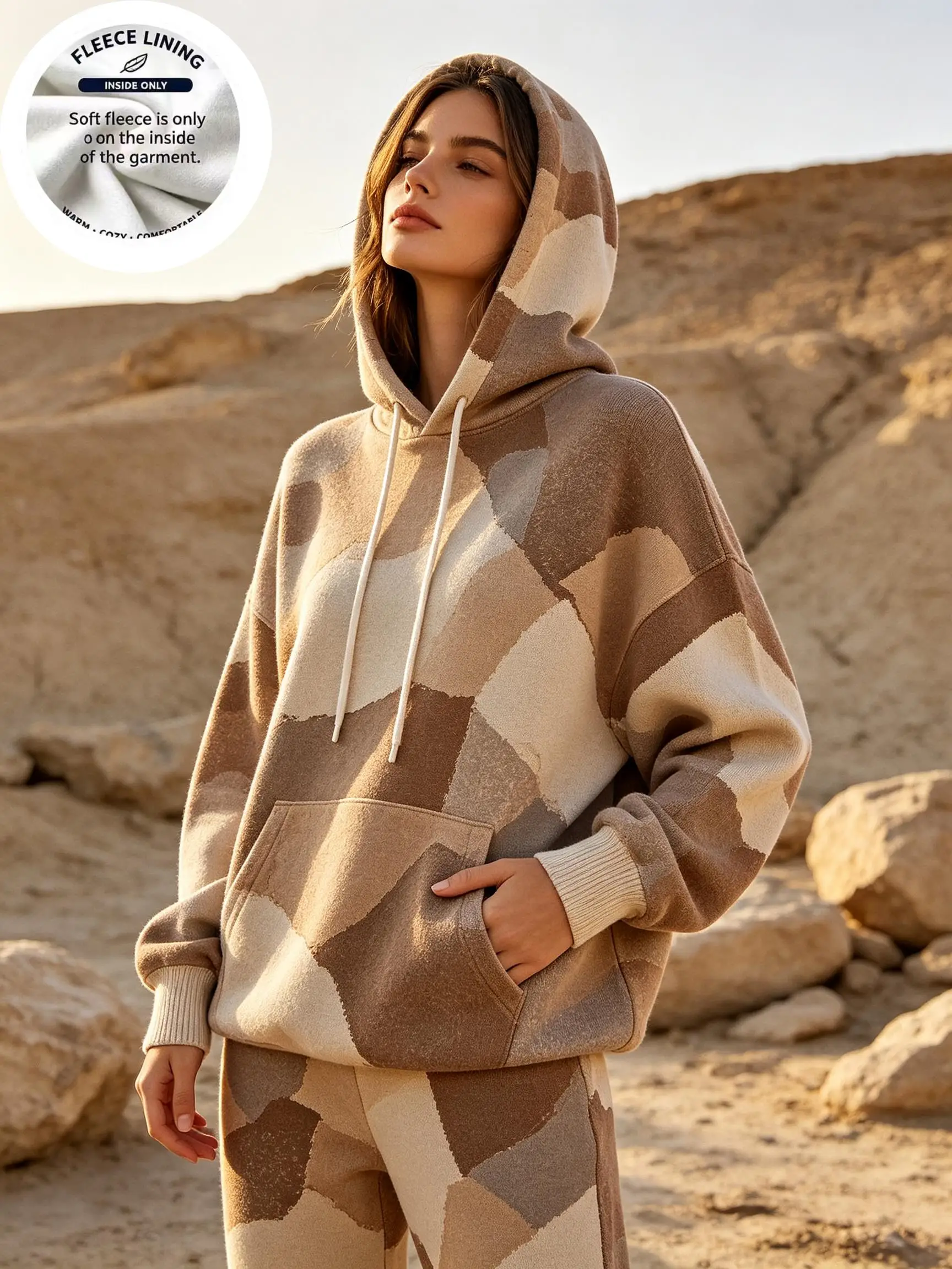 Women Earth Tone Geology Texture Fleece Hoodie, Desert Rock Abstract All Over Print Drawstring Kangaroo Pocket Sweatshirt