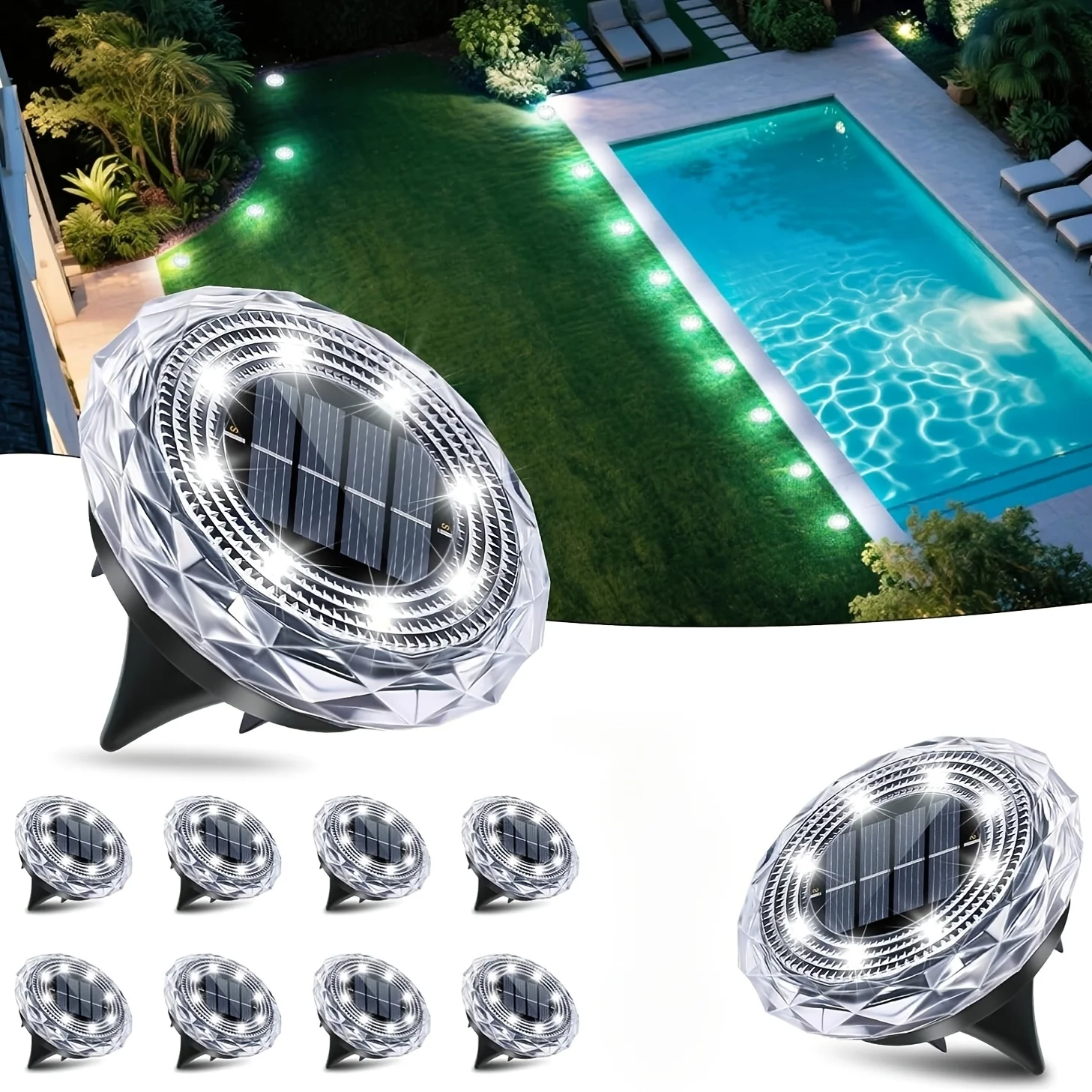 8 Pack New Solar IP44 Diamond Buried Lamp, Outdoor LED Ground Lamp, Garden Lawn Lamp, Suitable for Courtyard, Terrace, Landscape, Walkway Decoration Belt, with Automatic Brightness Sensing Function, for Festival Decoration
