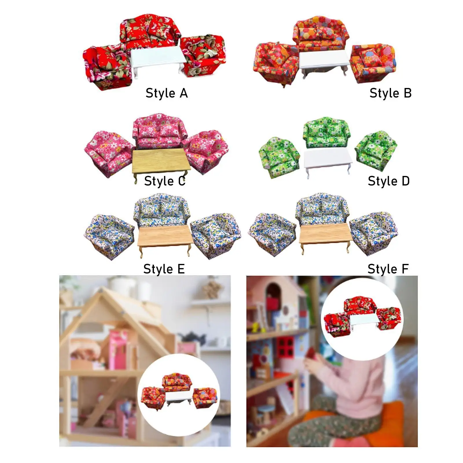 Sofá em miniatura para casa de bonecas em escala 1:12, acessórios para espaço vivo