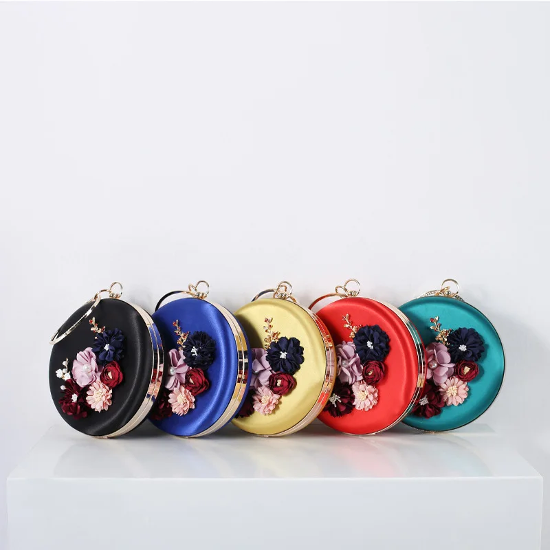 Women’s 3D Floral Round Clutch Purse Hand Bag Handmade Pearl Bridal Wedding Circular handbags Evening Party Wristlets bags