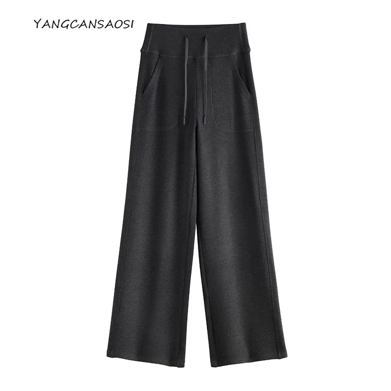 2025 Damen-Winterkleidung, 7 % Kaschmir, Thermowolle, Kordelzug, Taschendesign, einfarbig, lässige Schlaghose