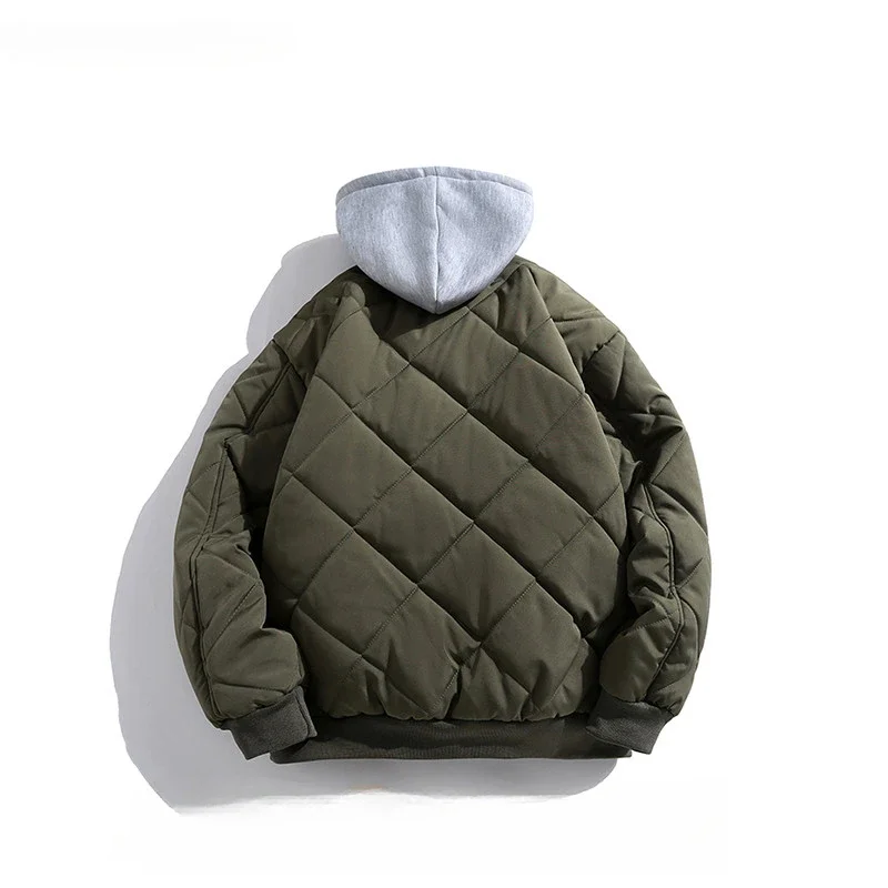 Cappotto in cotone con ricamo scozzese a rombo in due pezzi finto da uomo autunno inverno cappello staccabile retrò parka allentato giacca monopetto