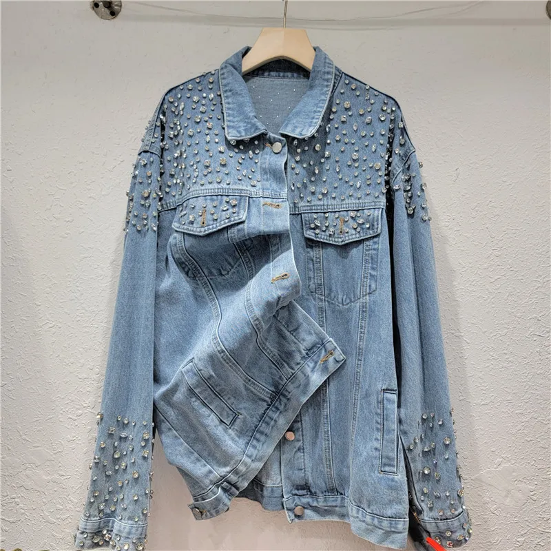 

SuperAen Spring/Summer 2024 New Women's Lapel Heavy Industry Diamond Single Breasted Vintage Washed Denim Jacket