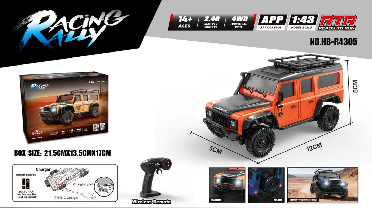 

Радиоуправляемая машинка-краулер Huangbo 1:43, 2.4G, с управлением через приложение, 4WD, миниатюрная, полномасштабная, имитационная, для скалолазания, для детей от 14 лет, RTR