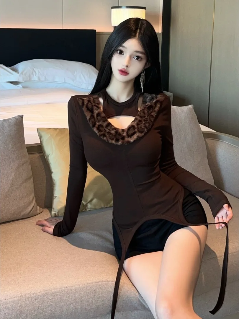 

Retro Y2K Leopard Print Long-sleeve T-shirt For Women Hollow-out Furry Collar Slim Layer Top Trendy Autumn Warm Bottoming Shirts