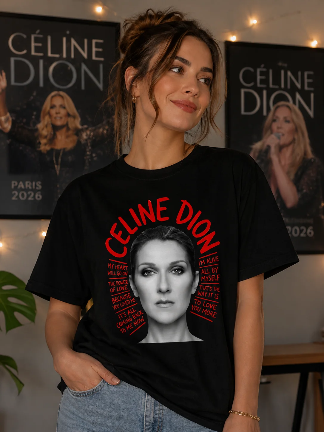 2026 New Family Matching Unisex Oversized T Shirt Vintage Celine Dion Paris 2026 Music Lyrics Front Print Black Streetwear Tops