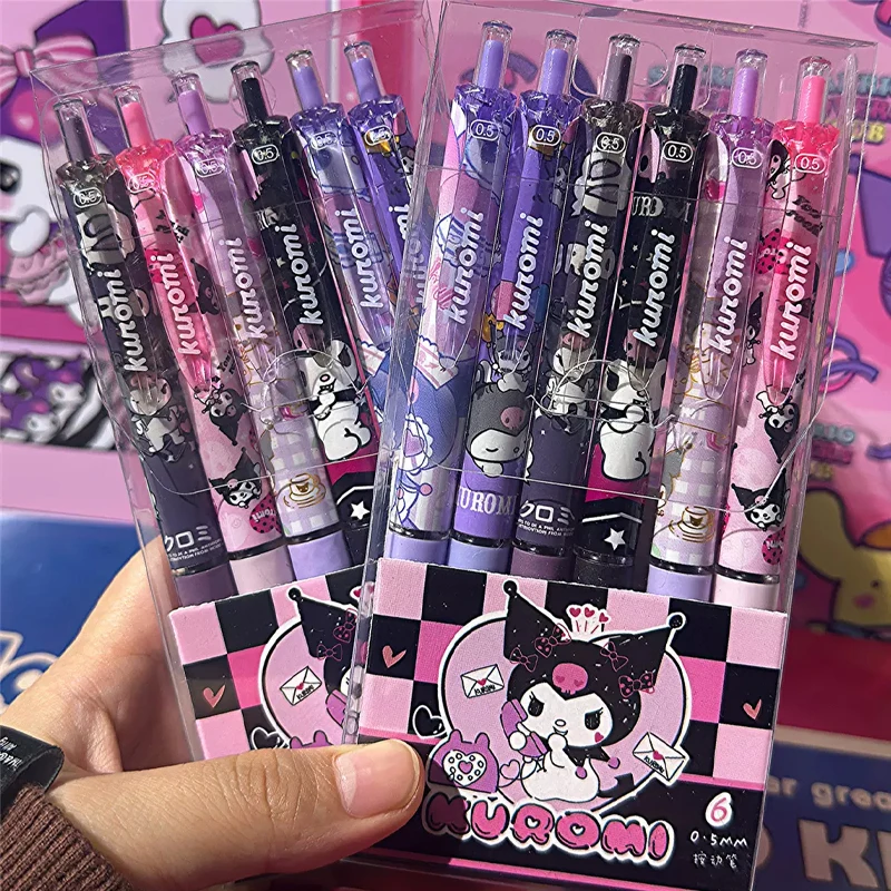 Sanrio-Bolígrafo de Gel de Hello Kitty, 6 piezas, 0,5mm, tinta negra, neutro, suministros de oficina y escuela para estudiantes, regalo de papelería