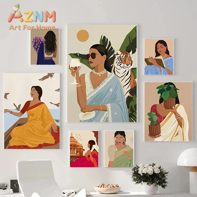Modern Abstract Fashion Personality Indian Girl Poster Canvas Printing South Asian Art Living Room Bedroom Home Decoration