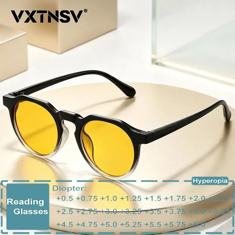 +0.50 To +6.00 Retro Round Yellow Reading Glasses Men Women Outdoor Sunshade Prescription Eyewear Optional Anti Blue Light Lens