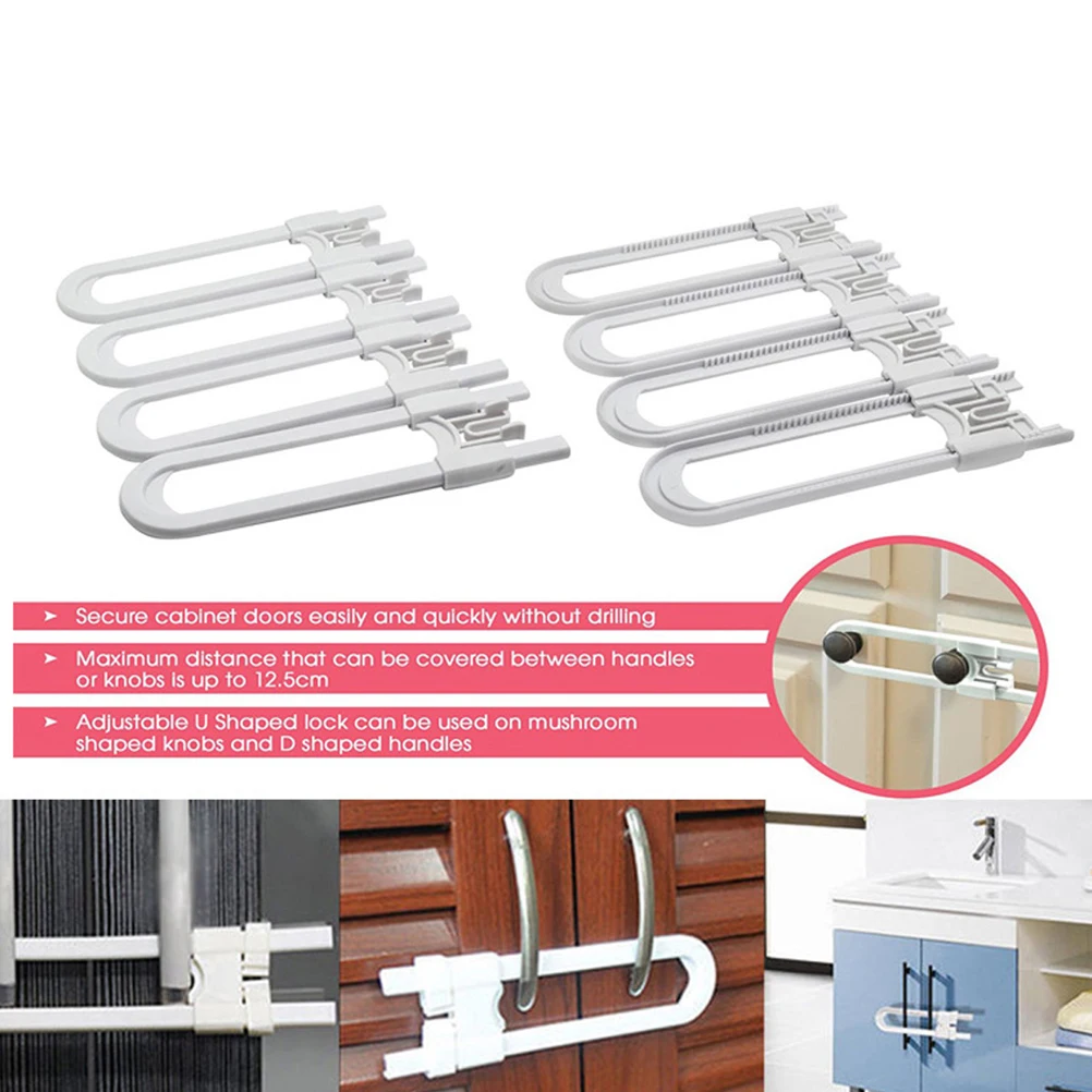 قفل خزانة على شكل حرف U، مزلاج أمان للأطفال للأبواب، قفل خزانة قابل للتعديل، عازل للأطفال، لا حاجة إلى أدوات، مجموعة مريحة مكونة من 4 قطع