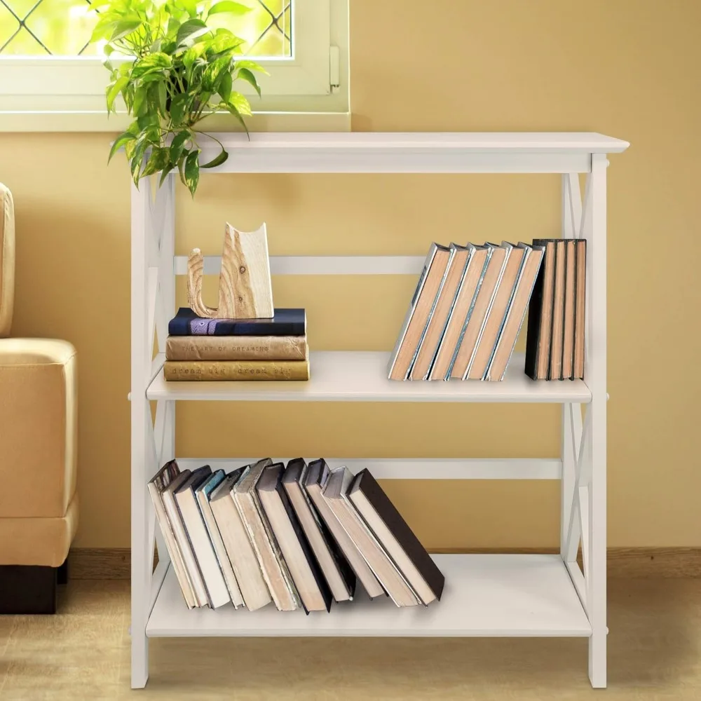Modern White 3-Shelf Bookcase with X-Design, Easy Assembly for Home Office Storage