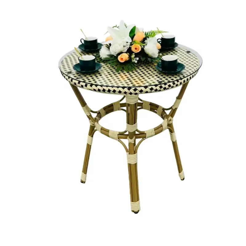Modern Aluminum Frame PE Rattan Outdoor Dining Table with Tile Top Surface Durable Garden Patio Furniture Set for Backyard