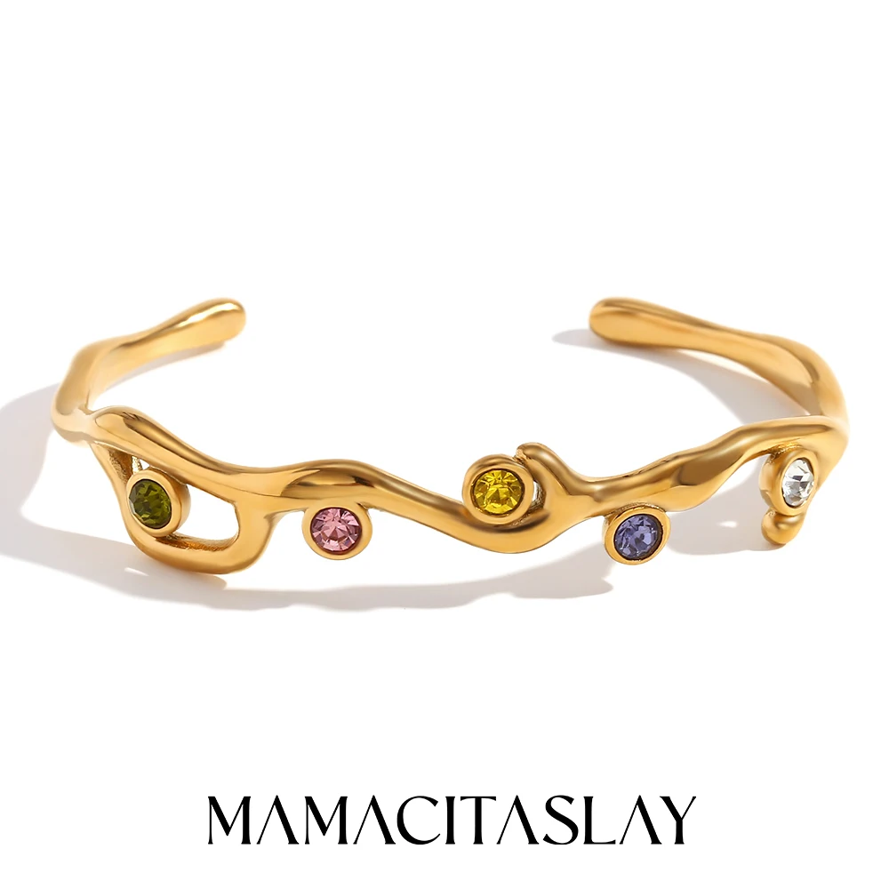 MamacitaSlay Elegant Branches Colored Round Leaves Cuff Bracelet trendy women's stainless steel jewelry gold plated bracelets