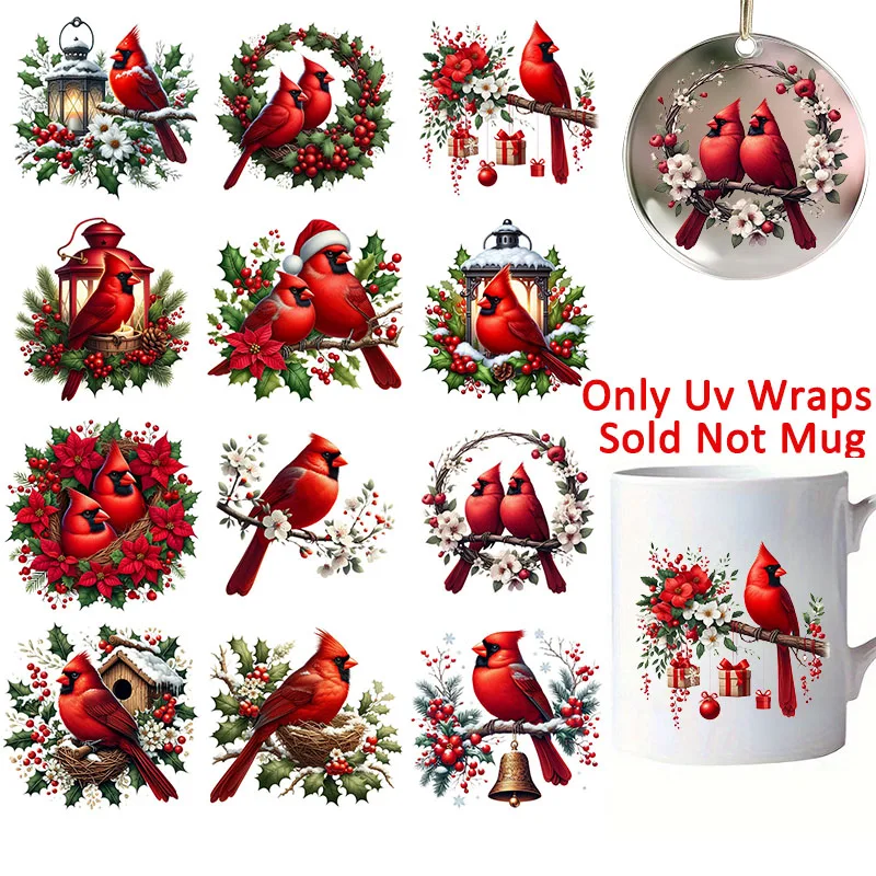 12pcs Christmas Red Cardinal Bird UV DTF Cup Wrap Transfer Sticker Glass Coffee Mugs Decoration Winter Xmas Greeting Cards Decal