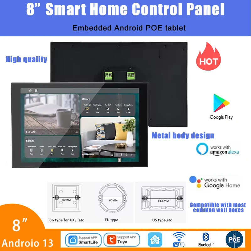 New Wall Mount 8 Inch Android 13 POE Tablet Metal body Smart Home Control Panel Support  Home Assistant