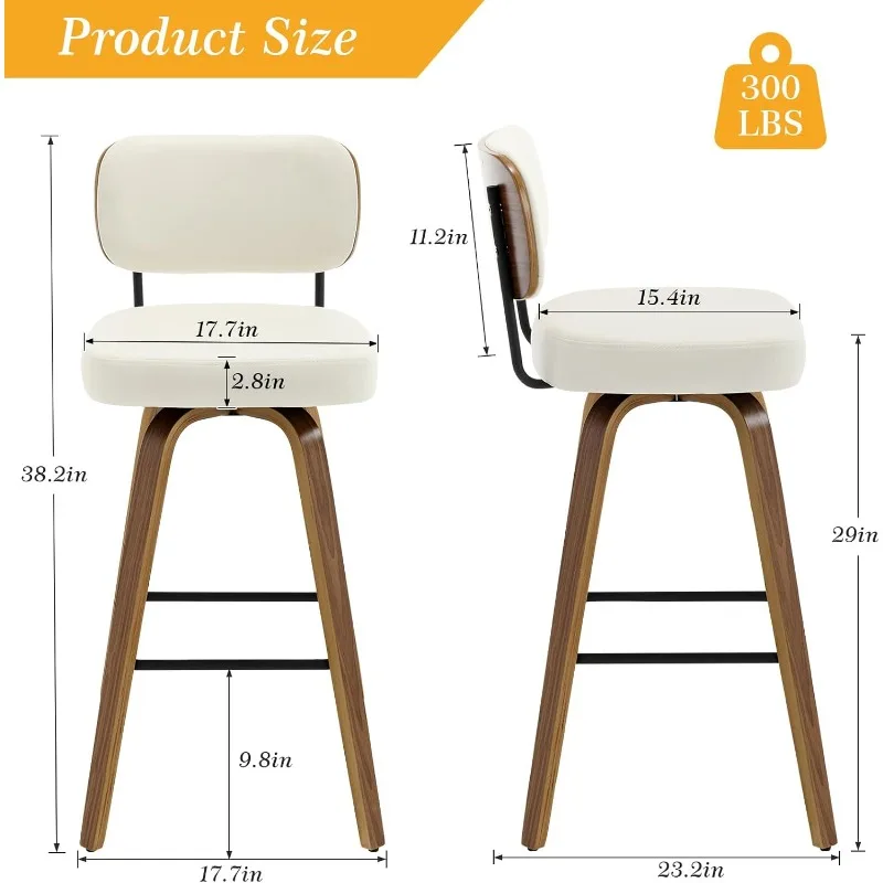 Upholstered Faux Leather Barstools with Back and Bent Wood Legs, Mid Century Modern Bar Chair Island Stool for Kitchen