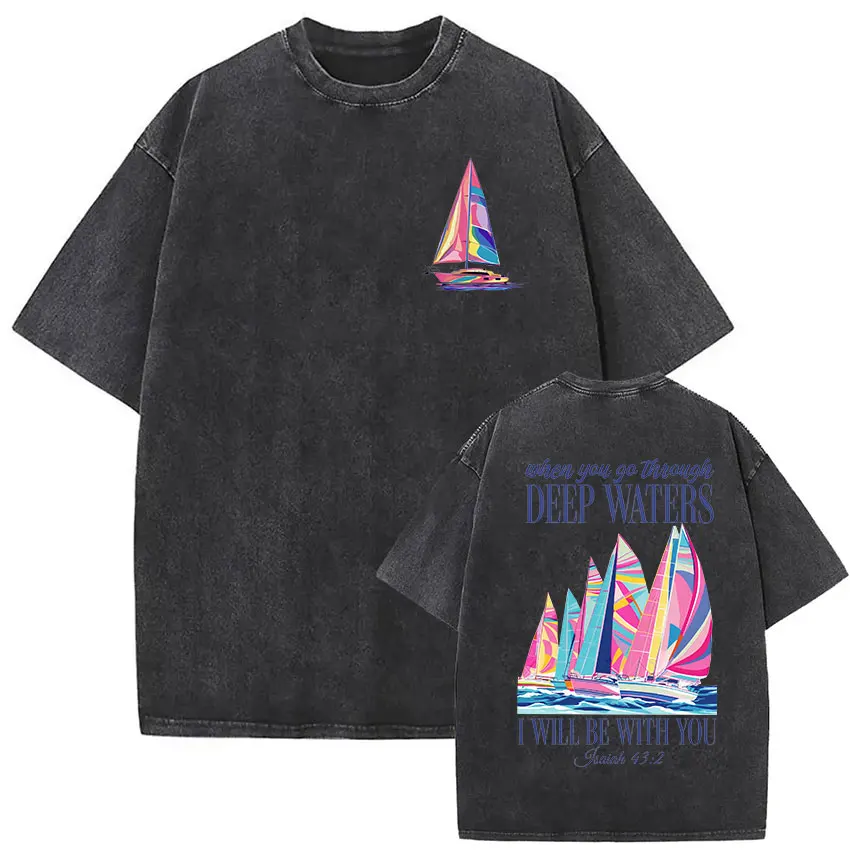 When You Go Through Deep Waters Christian Vintage Washed T Shirts Men Women Harajuku Fashion O-Neck Cotton Short Sleeve T-shirt