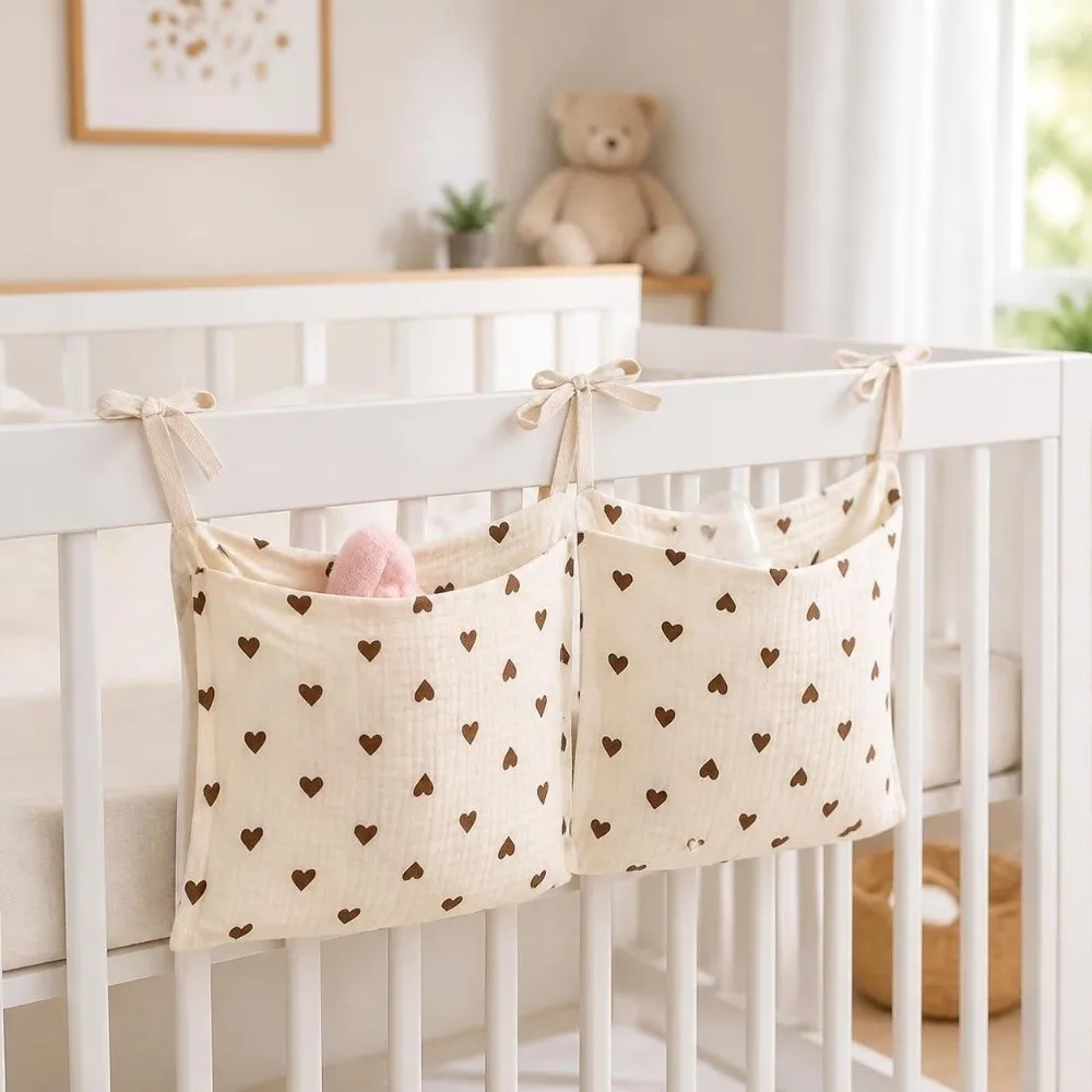 New 2 Pockets Crib Hanging Storage Bag Multi-Function Portable Diaper Storage Bag Folding Lightweight Cot Bed Bag Infant Room