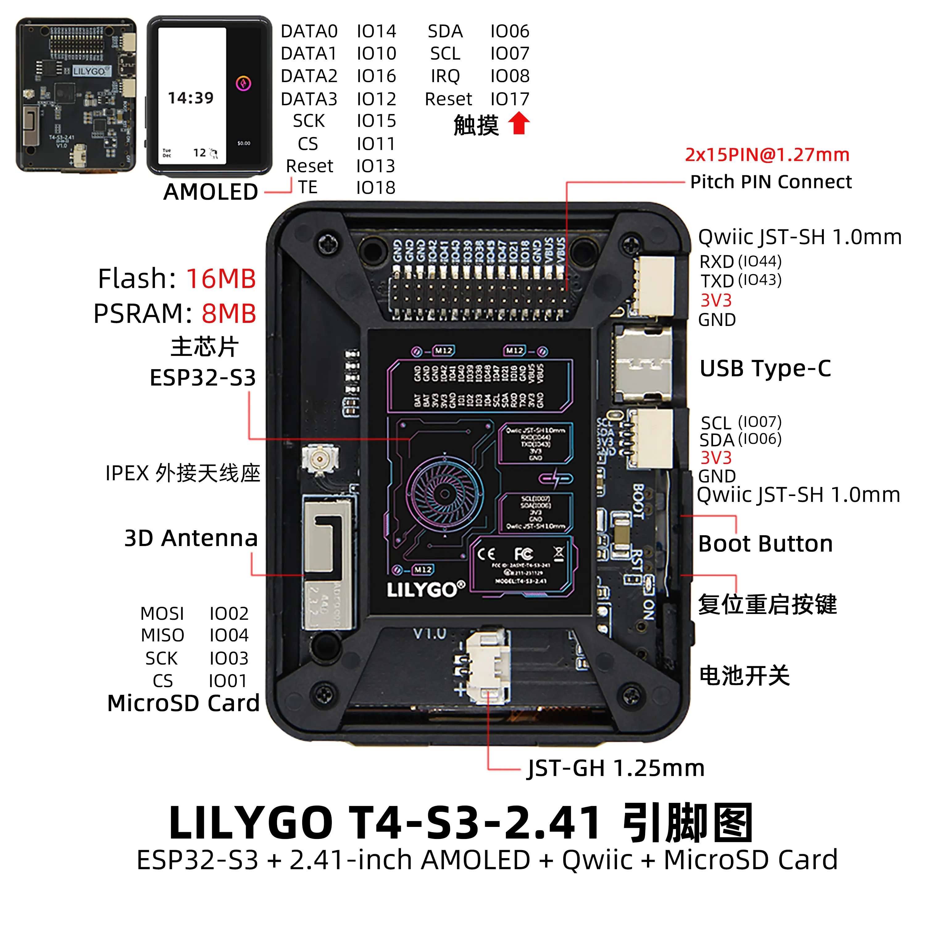 LILYGO T4-S3 Development Board Based on ESP32-S3 2.41 Inch AMOLED Touch Screen with WiFi Bluetooth Qwiic Socket