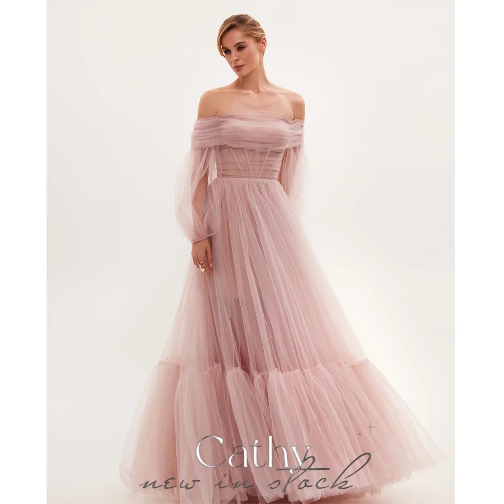 

Cathy Pink Elegant Off Shoulder Prom Dress 2024 Sweet Puffy Sleeves A-line Tulle Vestidos De Fiesta Fluffy Feeling Party Dress