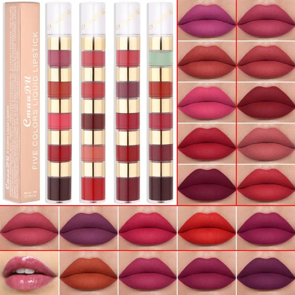 5 In 1 Matte Lipstick Kit velluto Sexy Red Lip Tint Gloss cosmetici rossetto impermeabile Liquid Lasting Makeup Cup antiaderente D5A6