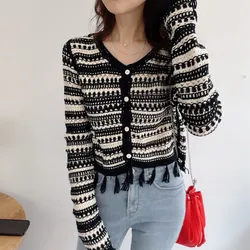 Fringed Striped Crochet Top Long Sleeve Button Front Tassel Open-knit Crop Cardigan Sweater Jacket Women Teengirl Vintage Outfit