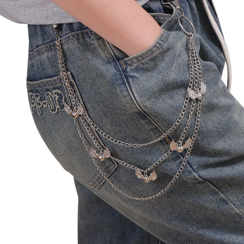 Multi‑Layer Angel Wing Bell Pendant Pants Chain Unisex Metal Waist Chain Sweet Punk Jeans Hanging Ornament Daily Accessory