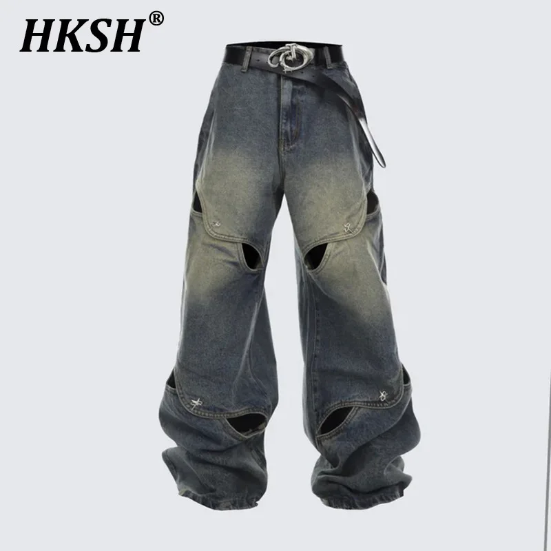 

HKSH Summer New Men Tide High Street Techwear Casual Niche Metal Button Design Wide-Leg Jeans Heavy Chic Denim Pants Ins HK6229