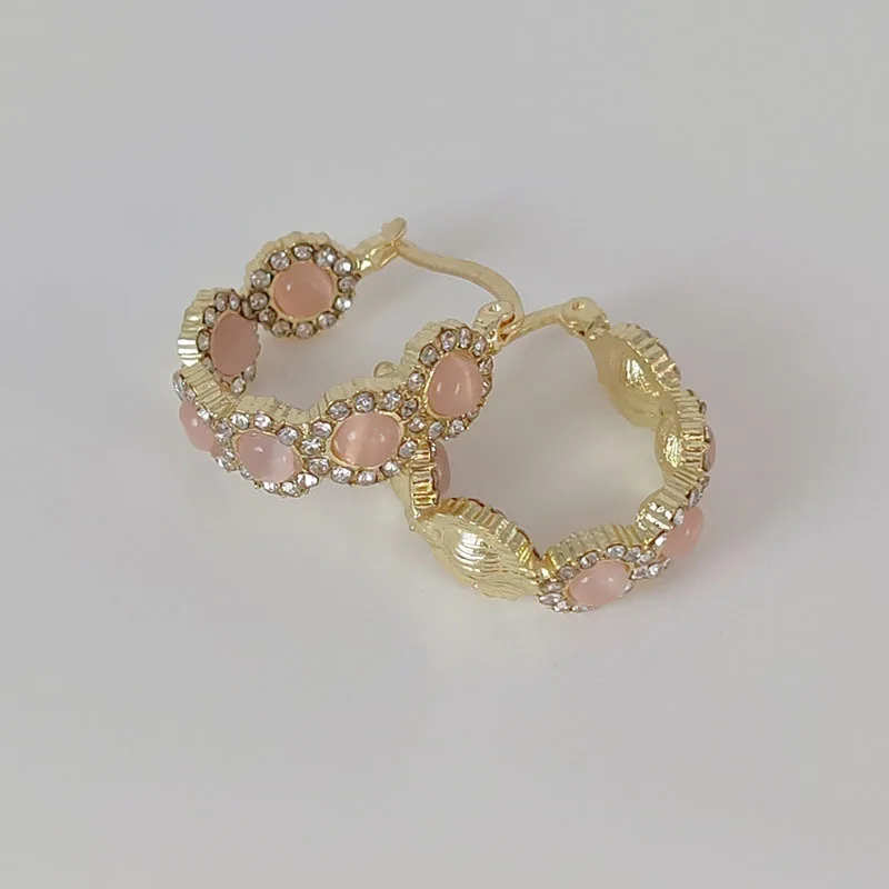 Korean New Design Fashion Jewelry 14K Gold Plated Round Zircon Pink Opal hoop Earrings Luxury Women's Party Accessories