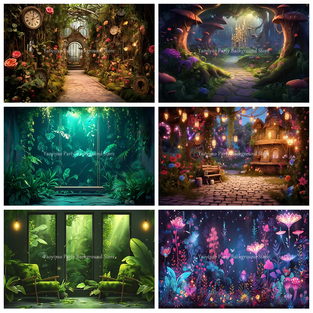 

Dreamy Garden Photography Backdrop Rose Flowers Butterfly Light Spot Retro Chandelier Romantic Wedding Birthday Photo Background