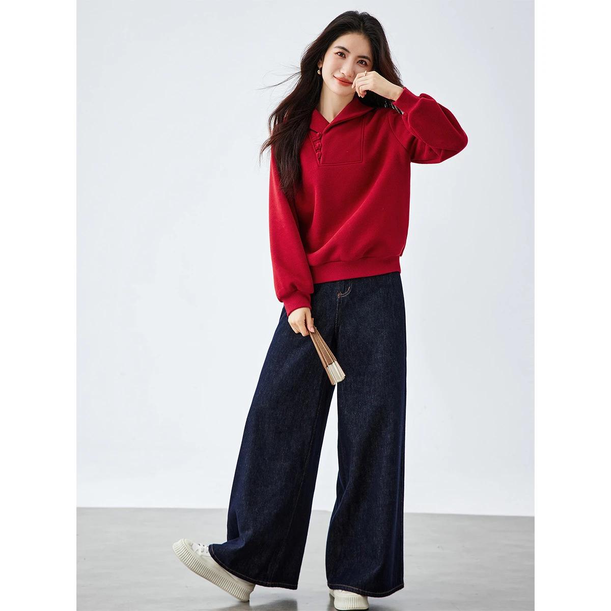 VIMLY Women's Red Sweatshirts Chinese Style Knitted Asymmetrical Polo Neck Sweater Winter 2026 Fleece Lined Loose-fit Tops A3175