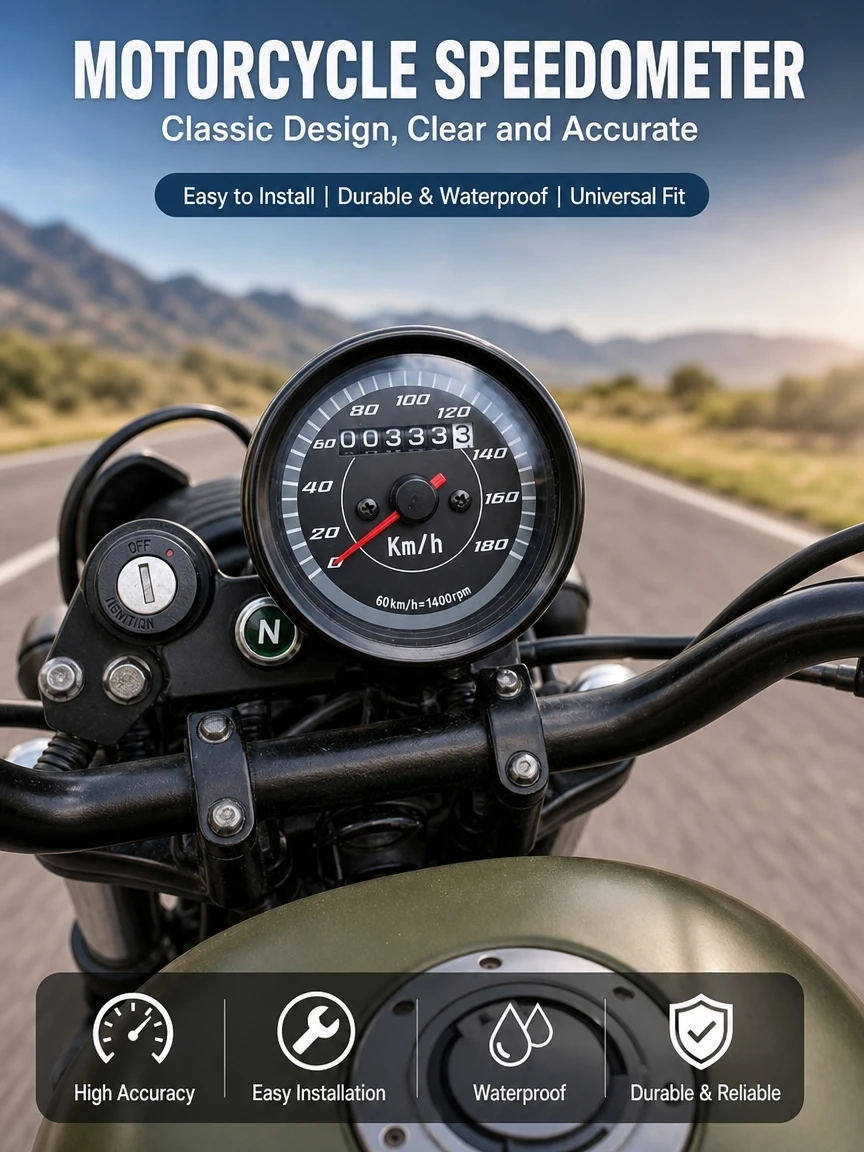 12V Black Motorcycle Retro Mechanical Speedometer Single Odometer LED Backlight 0-180km/h Universal For CG125 Kawasaki Modified