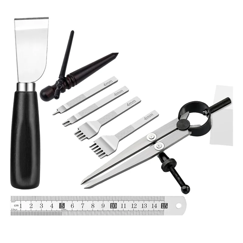 

P4-Набор рабочих инструментов для кожи 1/2/4/6, дырокол для шитья кожи, кожаный компас, геометрический инструмент и стальная линейка для рукоделия